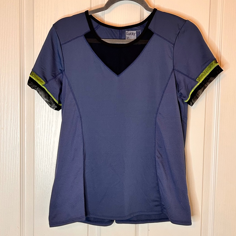 Lucky in Love Womens Blue Mesh V-Neck Tennis Top Short Sleeve Large RN 133078